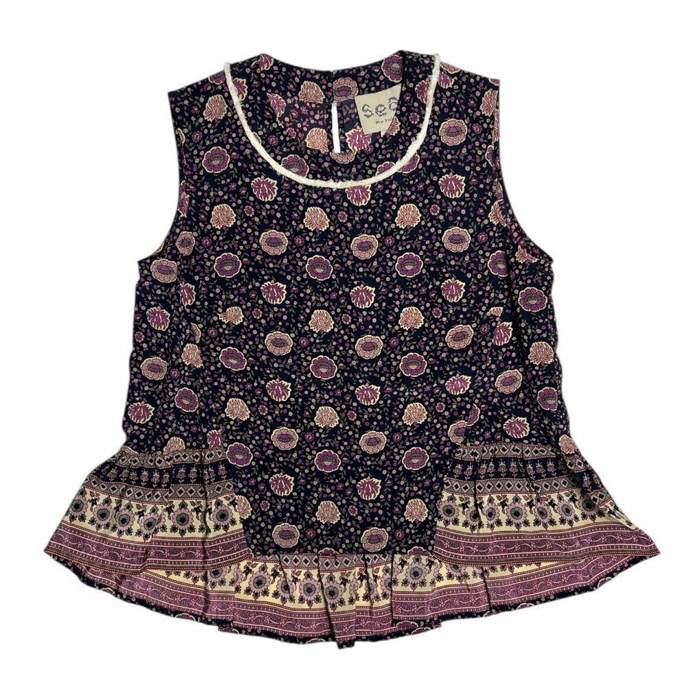 Sea New York Sleeveless Silk Top Ruffle Hem Blue Purple Floral Size 2